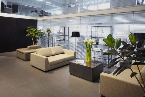 Office with cream sofas and black table with plants